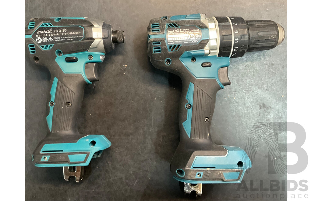 MAKITA DHP484 Hammer Driver Drill & DTD153 Impact Driver Set with 1x Charger & 1x Battery & 1x Stanley 8M Tape Measure