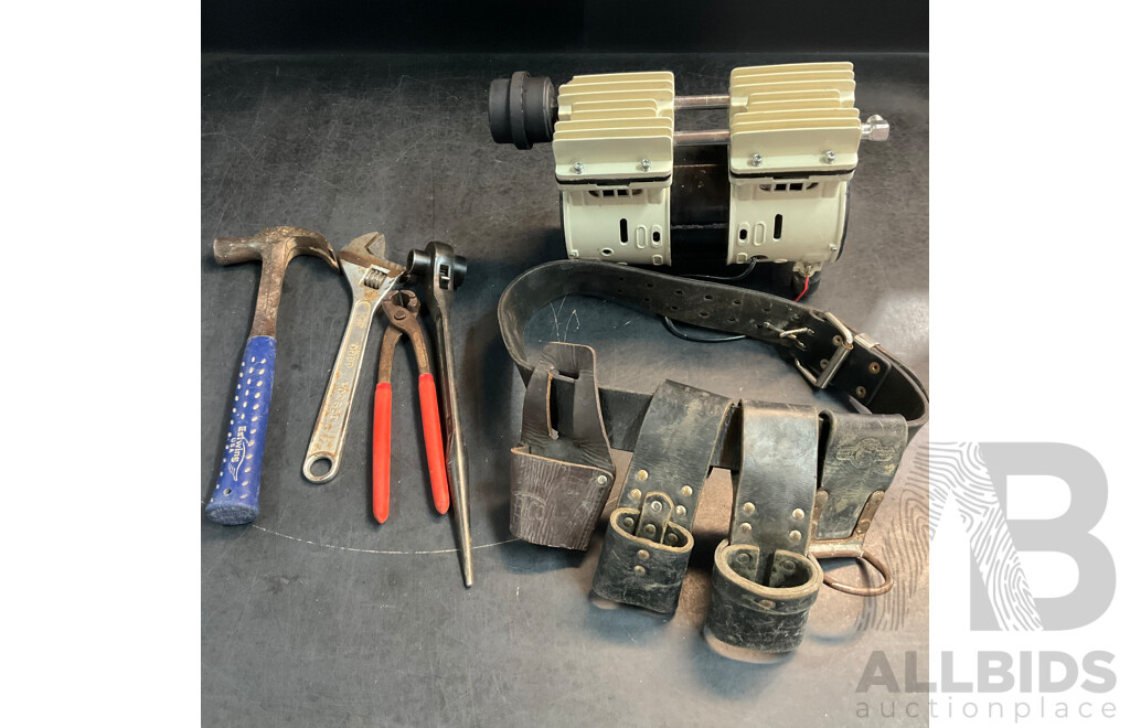 Unbranded Air Compressor Pump & BUCKSROO Tool Belt & Assored Hand Tools