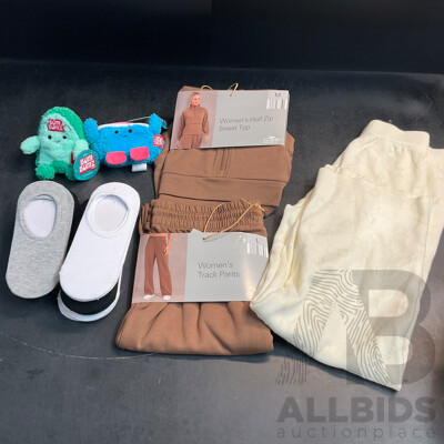Crane Women's Half Zip Sweat Top & Track Pants & CQ Logo White Pants & BUMBUMZ Plush Toys & Assorted Socks