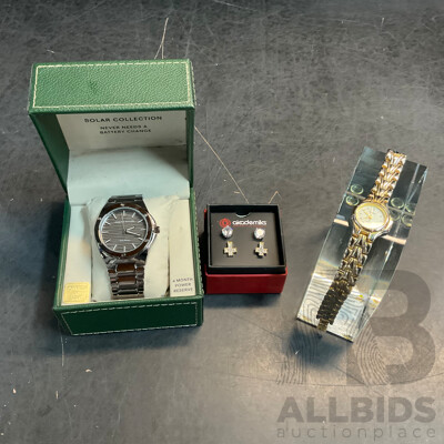 PERRY ELLIS Solar Power Watch & Akademiks Earrings & Cardini Watch - Lot of 3