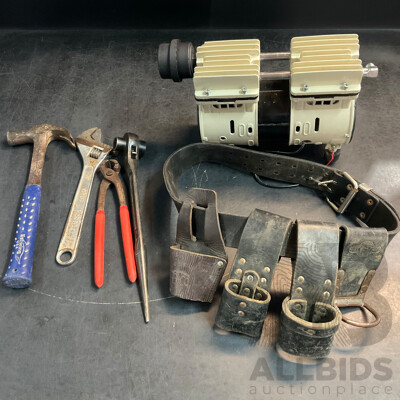 Unbranded Air Compressor Pump & BUCKSROO Tool Belt & Assored Hand Tools