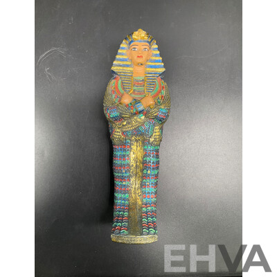 Assorted Egyptian Themed Items, Including Composite Chess Set, Sarcophagus and Onyx Sphinx Statue - Lot of 3