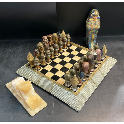 Assorted Egyptian Themed Items, Including Composite Chess Set, Sarcophagus and Onyx Sphinx Statue - Lot of 3