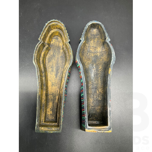 Assorted Egyptian Themed Items, Including Composite Chess Set, Sarcophagus and Onyx Sphinx Statue - Lot of 3