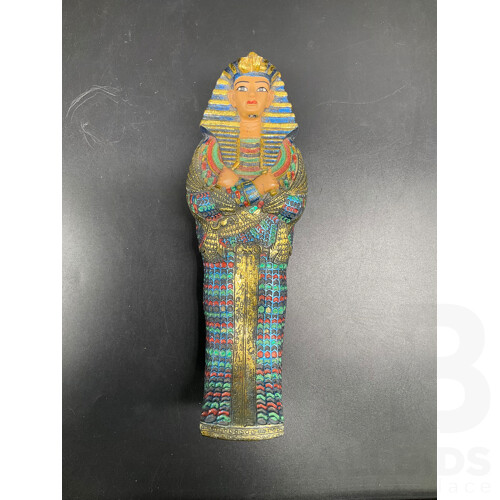 Assorted Egyptian Themed Items, Including Composite Chess Set, Sarcophagus and Onyx Sphinx Statue - Lot of 3
