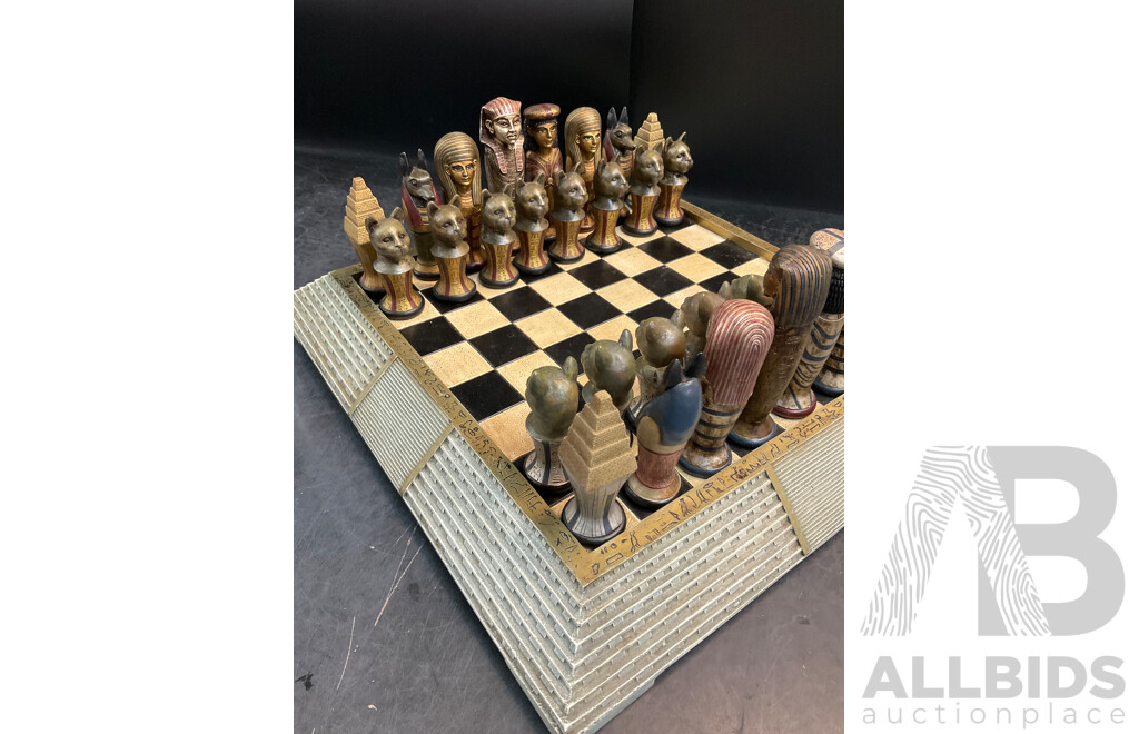 Assorted Egyptian Themed Items, Including Composite Chess Set, Sarcophagus and Onyx Sphinx Statue - Lot of 3