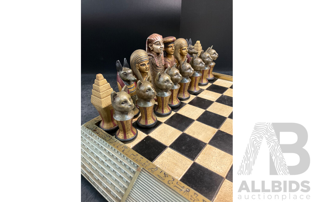 Assorted Egyptian Themed Items, Including Composite Chess Set, Sarcophagus and Onyx Sphinx Statue - Lot of 3