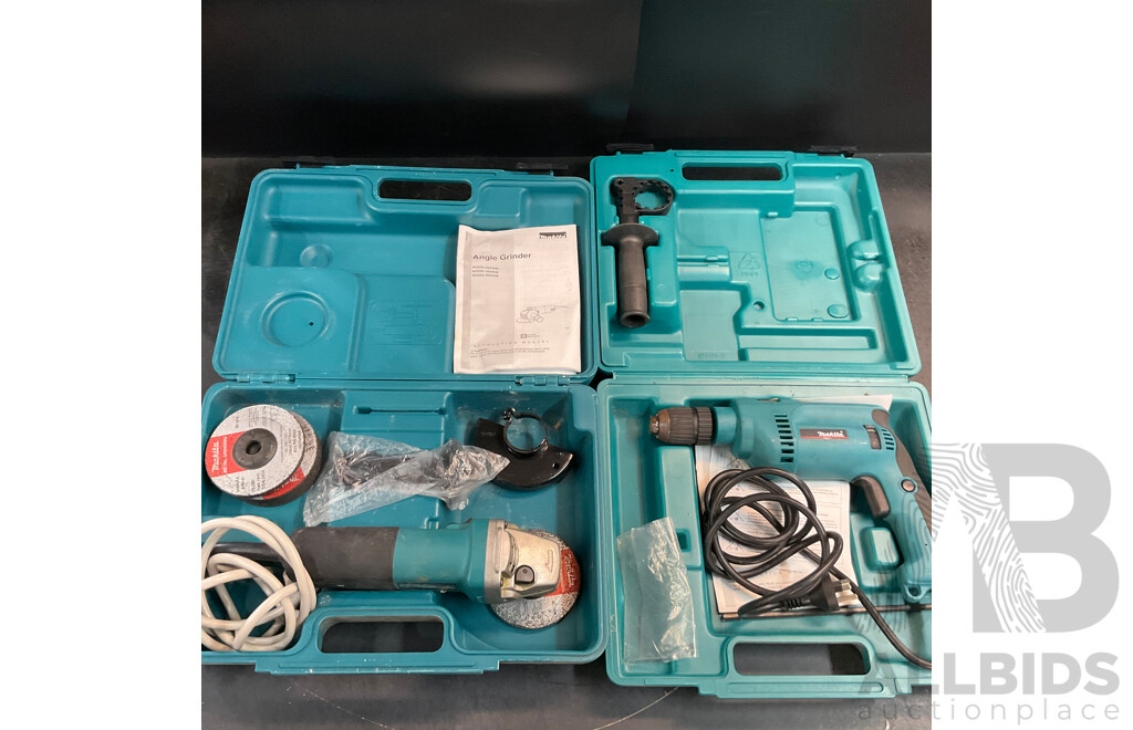 Makita HP1621 Corded Percussion Drill & 9553NB Corded Angle Grinder in Carry Case - Lot of 2