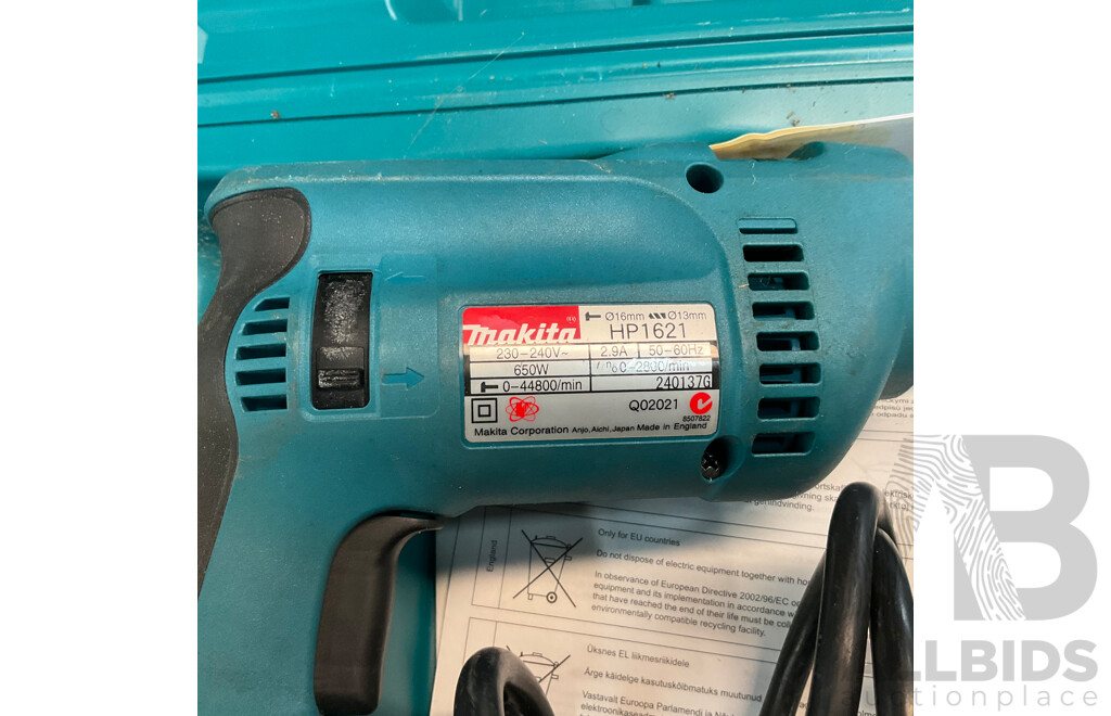 Makita HP1621 Corded Percussion Drill & 9553NB Corded Angle Grinder in Carry Case - Lot of 2