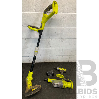 RYOBI ONE+ 18V Tools - Cordless Line Trimmer (OLT1830), Hand Vacuum (R18HVP), Drill Driver (R18DDP) and 4Ah Battery - Lot of 4