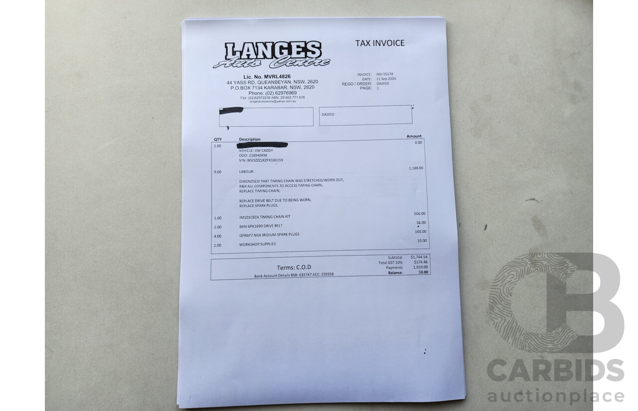 4/2015 Volkswagen Caddy Tsi160 2K MY15 3d Van White 1.2L