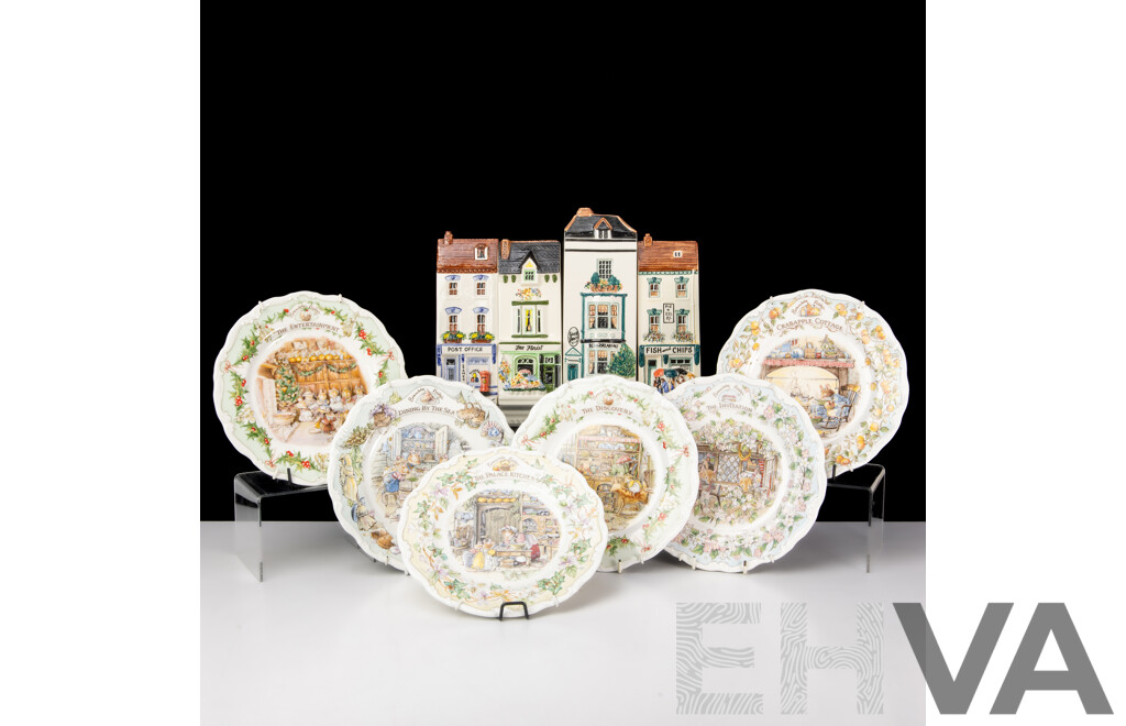 Collection Six Royal Doulton Brambly Hedge Side Plates Along with Four Hand Painted English Hazle Ceramics Shop Fronts