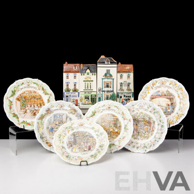 Collection Six Royal Doulton Brambly Hedge Side Plates Along with Four Hand Painted English Hazle Ceramics Shop Fronts