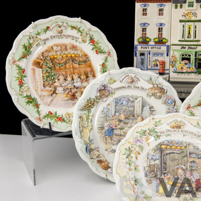 Collection Six Royal Doulton Brambly Hedge Side Plates Along with Four Hand Painted English Hazle Ceramics Shop Fronts
