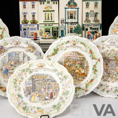Collection Six Royal Doulton Brambly Hedge Side Plates Along with Four Hand Painted English Hazle Ceramics Shop Fronts