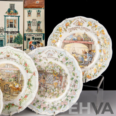 Collection Six Royal Doulton Brambly Hedge Side Plates Along with Four Hand Painted English Hazle Ceramics Shop Fronts