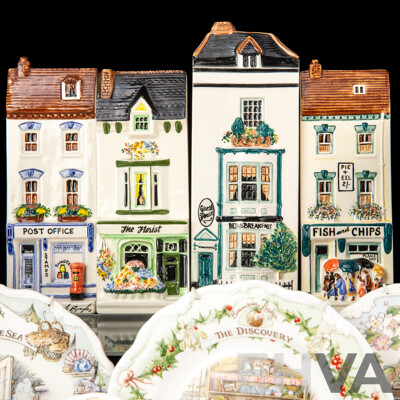 Collection Six Royal Doulton Brambly Hedge Side Plates Along with Four Hand Painted English Hazle Ceramics Shop Fronts