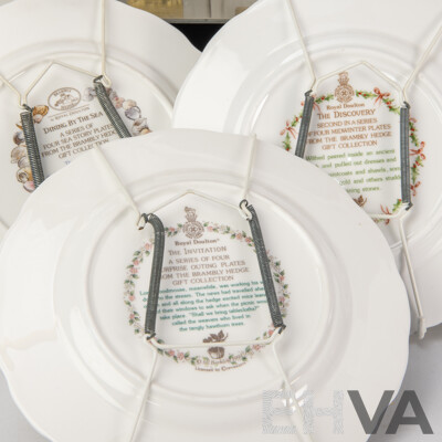 Collection Six Royal Doulton Brambly Hedge Side Plates Along with Four Hand Painted English Hazle Ceramics Shop Fronts