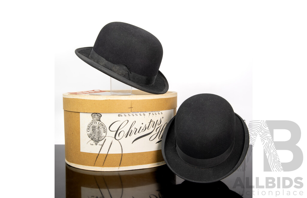 Two Antique Bowler Hats Comprising One by G H Smith & Son Sydney, Size 6 3/4 , One by G a Dunn , London, Larger Size in Vintage Christies Hats London Box