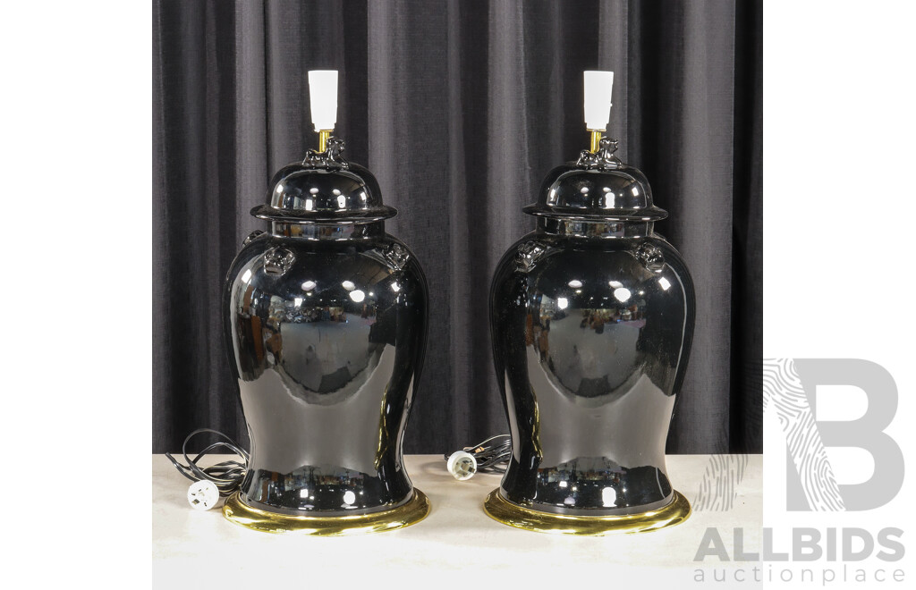 Pair of Large Black Glazed Ceramic Table Lamps