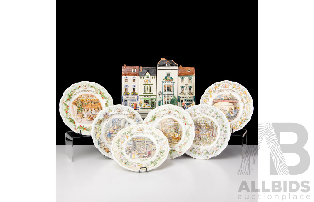 Collection Six Royal Doulton Brambly Hedge Side Plates Along with Four Hand Painted English Hazle Ceramics Shop Fronts
