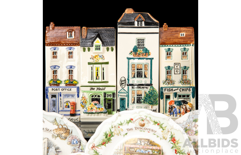 Collection Six Royal Doulton Brambly Hedge Side Plates Along with Four Hand Painted English Hazle Ceramics Shop Fronts