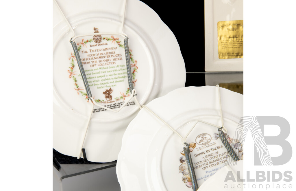 Collection Six Royal Doulton Brambly Hedge Side Plates Along with Four Hand Painted English Hazle Ceramics Shop Fronts