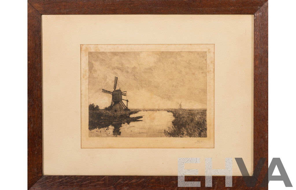 Jan Sirks, (19/20th Century, Dutch, 1885-1938), Mill in Reewijk [The Windmill], Wonderful Original Antique Etching, 39 x 48.5 cm (frame)