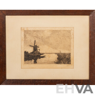 Jan Sirks, (19/20th Century, Dutch, 1885-1938), Mill in Reewijk [The Windmill], Wonderful Original Antique Etching, 39 x 48.5 cm (frame)
