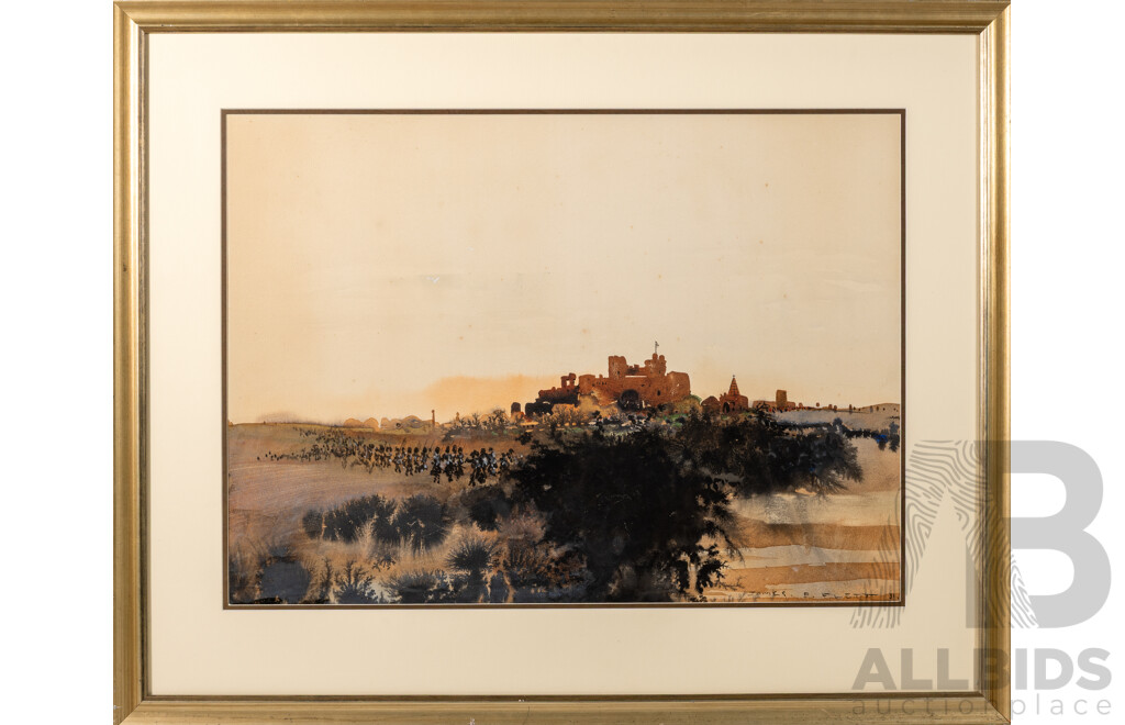 James E. Flett, (20th Century, Australian, 1906-1986), Descending Upon the Castle, Wonderful Original Antique Watercolour, 63 x 78 cm (frame)
