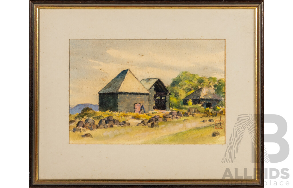 Arthur Lindsay, (19/20th Centuries, Australian, 1874-1961), Bluestone Barns, Malmsbury, Lovely Original Antique Watercolour & Conte, 39 x 49 cm (frame)