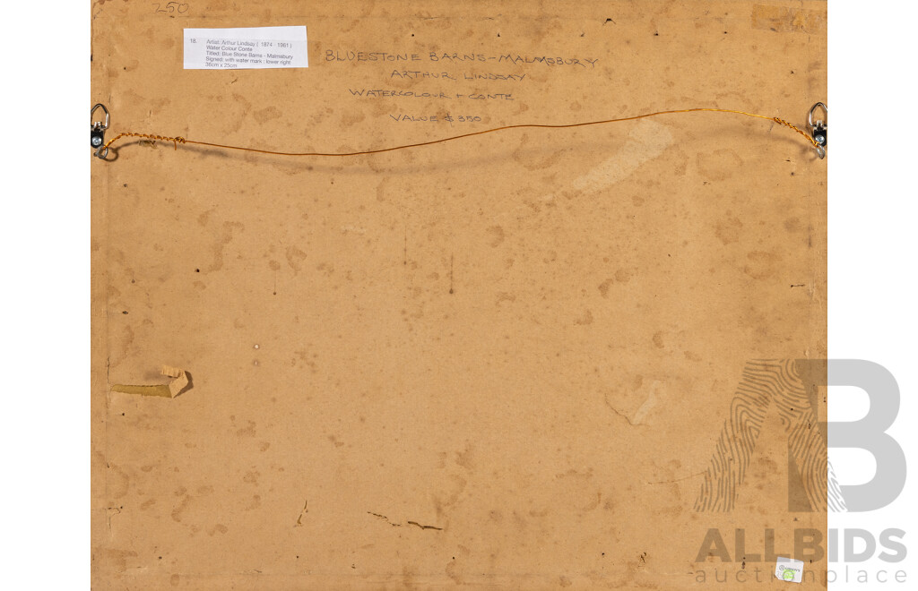 Arthur Lindsay, (19/20th Centuries, Australian, 1874-1961), Bluestone Barns, Malmsbury, Lovely Original Antique Watercolour & Conte, 39 x 49 cm (frame)