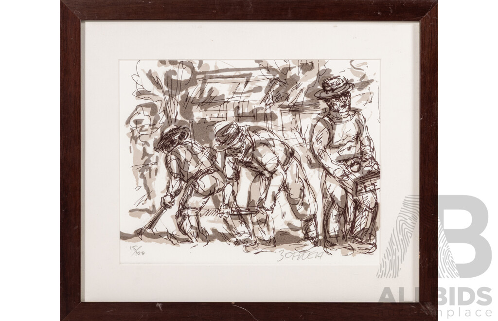 Salvatore Zoffrea, (20th C., Italian-Born Australian, 1946-), Couple Relaxing & Working the Fields, Wonderful Pair Signed & Editioned Diverse Original Ink & Wash Drawings, 38 x 44 cm (frame) (2)