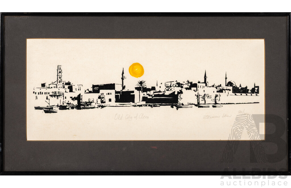 Zelman Lew, (20th Century, Australian, 1948-), Old City of Acco, Original Editioned and Signed Ink and Oil on Card, 22 x 39 cm (frame)