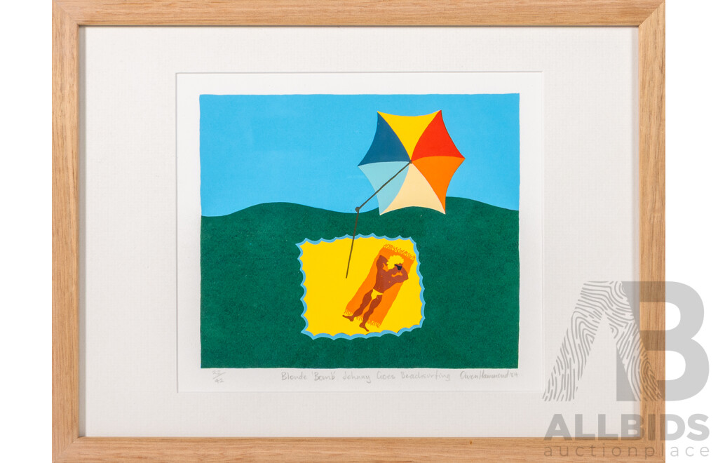 Owen Hammond, (20th Century, Australian), Blonde Bomb Johnny Goes Beach Surfing (1984), Wonderful Signed and Editioned Original Screen-print, 31 x 41 cm (frame)