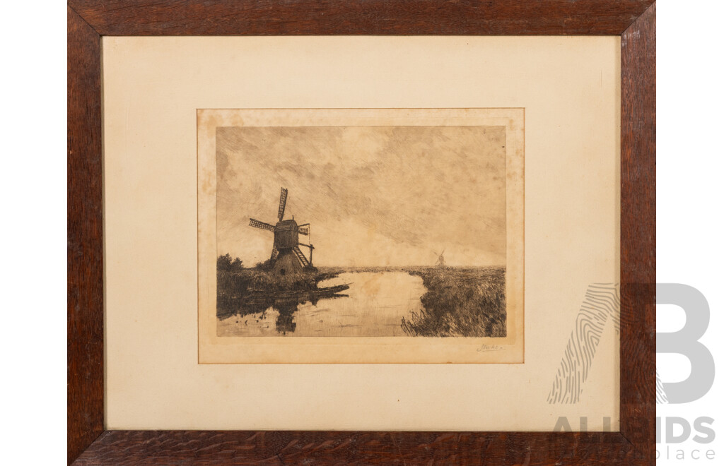 Jan Sirks, (19/20th Century, Dutch, 1885-1938), Mill in Reewijk [The Windmill], Wonderful Original Antique Etching, 39 x 48.5 cm (frame)