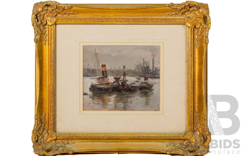 (Attributed To) Arthur Burgess, (Australian-Born British, 1879-1957), Tug Boats, Original Antique Oil on Canvas, 33 x 39 cm (frame)