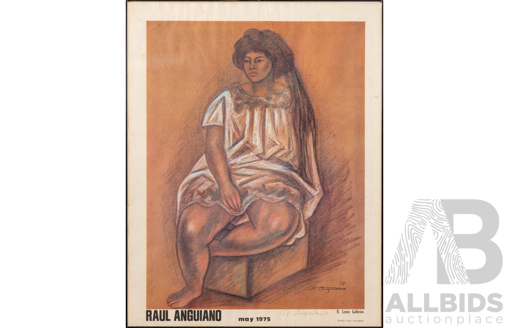 Raul Anguiano, (20th Century, Mexican, 1915-2006), Study of a Girl, Signed Poster for May 1975 Exhibition of Artist's Work, B. Lewin Galleries, Beverly Hills, California, 58 x 45 cm (frame)