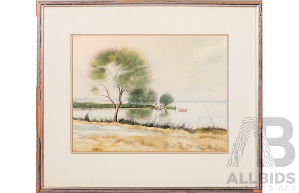 Bruce Malloch, (20th Century, Australian, 1936-), the Fisherman, (Mandurah Estuary, WA) (1981), Beautiful Original Watercolour, 44 x 51 cm (frame)
