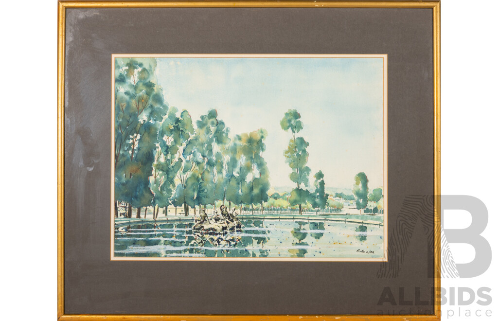 Frederic Bates OAM, (20th Century, Australian, 1918-2009), Statues in Pond, Lovely Original Watercolour, 60 x 71 cm (frame)