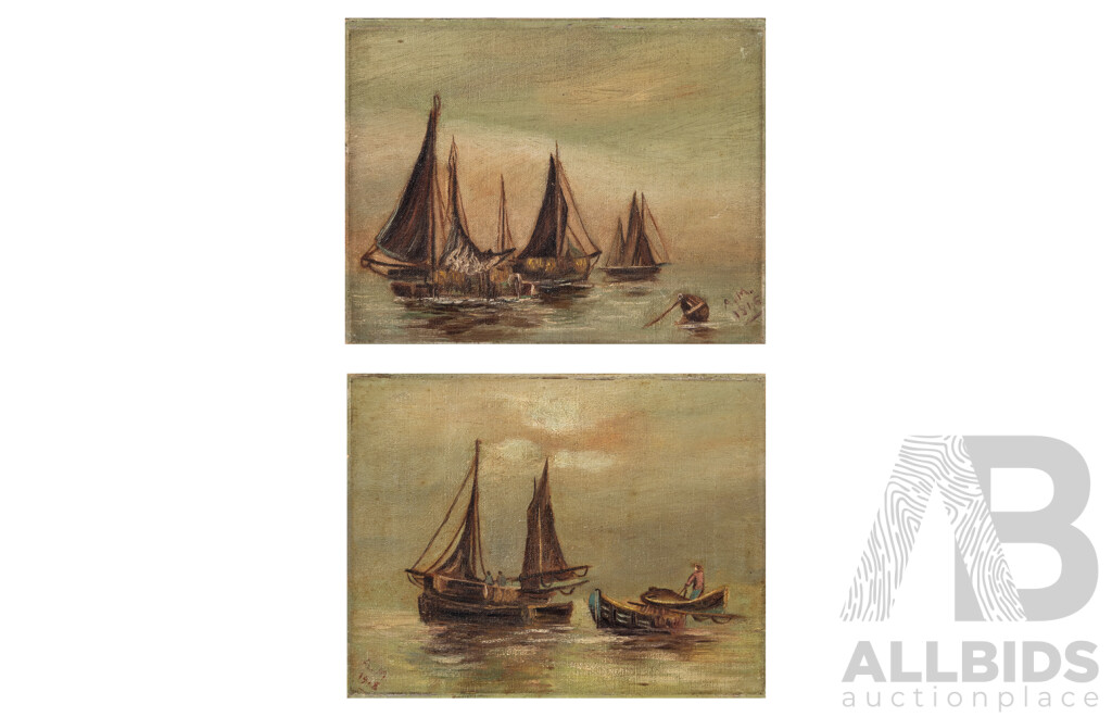 Artist Unknown, (Early 20th Century), Sailboats & Sailboats with Fisherman, Pair of Lovely Early 1900s Original Antique Oil on Canvas Cloth,, 23 x 18 cm (2)