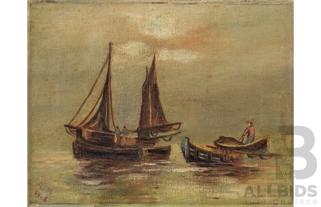 Artist Unknown, (Early 20th Century), Sailboats & Sailboats with Fisherman, Pair of Lovely Early 1900s Original Antique Oil on Canvas Cloth,, 23 x 18 cm (2)