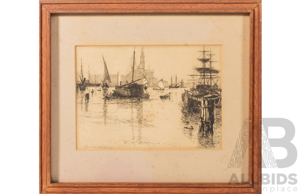 William (Bell) Scott, (19th Century, Scottish, 1811-1890) Venice (1881), Original Antique Etching, 28 x 32 cm (frame)