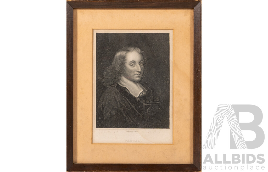 H(enry Hoppner) Meyer (18th Century, British, 1780-1847), After F. Quesnel (Junior), Portrait of Blaise Pascal, Antique Stipple Engraving Print, 24 x 19 cm (frame)