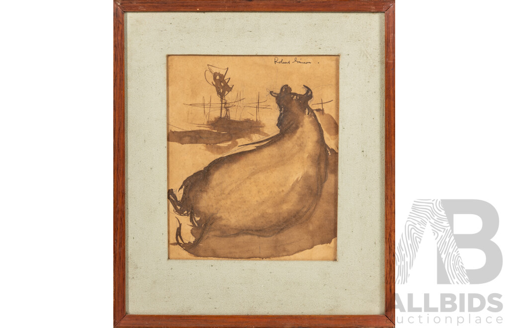 Robert Grieve (20th Century, Australian, 1924-2006), Spanish Bull (c1960-70s), Wonderful Original Pencil & Watercolour, 31 x 27 cm (frame)