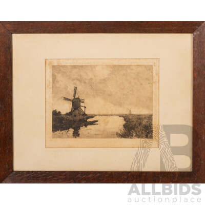 Jan Sirks, (19/20th Century, Dutch, 1885-1938), Mill in Reewijk [The Windmill], Wonderful Original Antique Etching, 39 x 48.5 cm (frame)