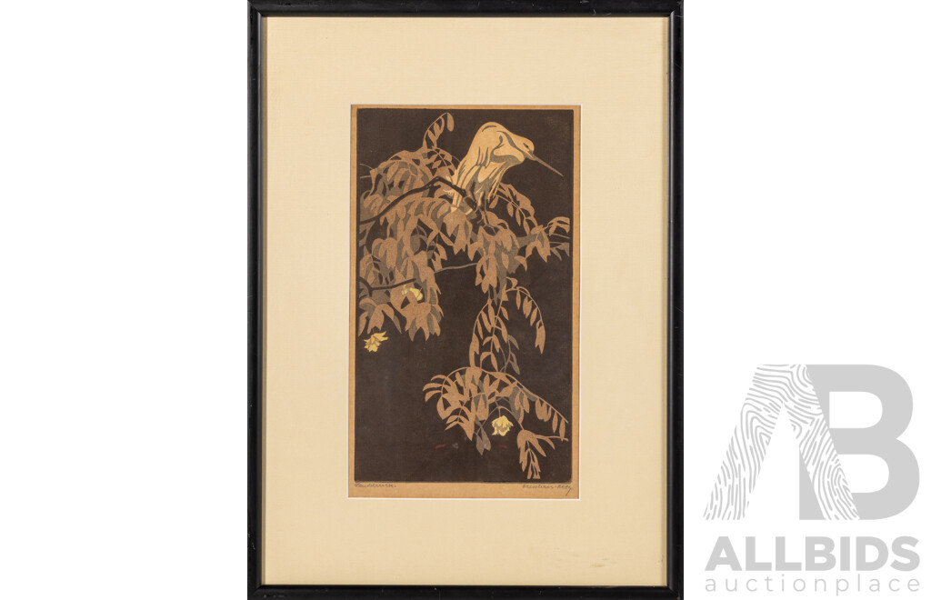 Norbertine Von Bresslern-Roth, (20th Century, Austrian, 1891-1978), Herons (1924), Wonderful Original Antique Linocut Handdrucke Block Printing, 50 x 37 cm (frame)