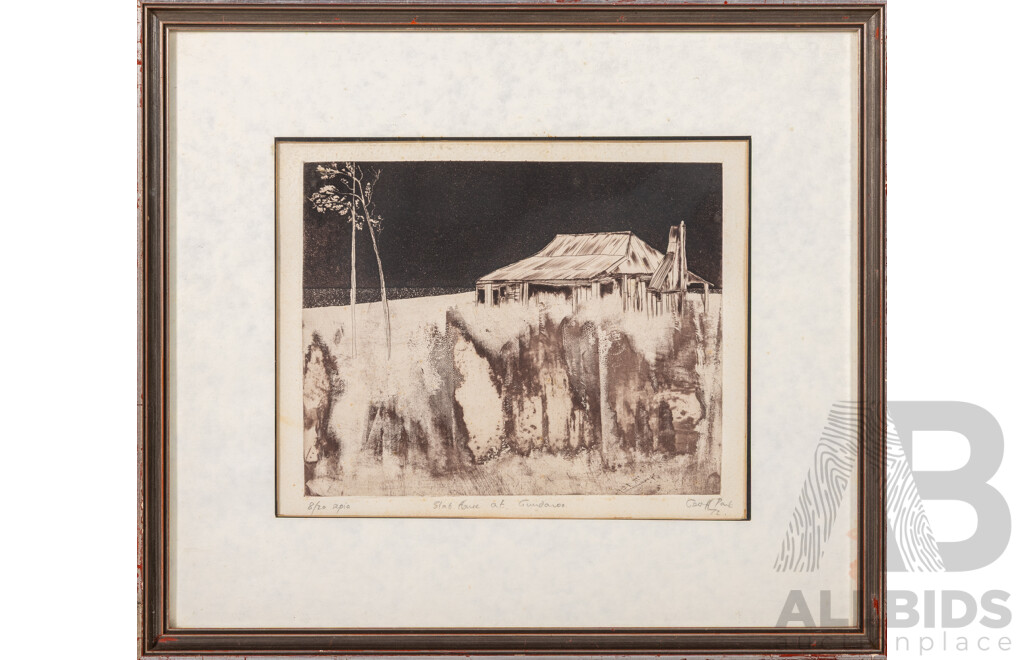 Geoff Park, (20th Century, New Zealand Born Australian), 1946-2009), Slab Hut at Gundaroo (1972), Lovely Original Editioned Sepia Etching, 39 x 44 cm (frame)