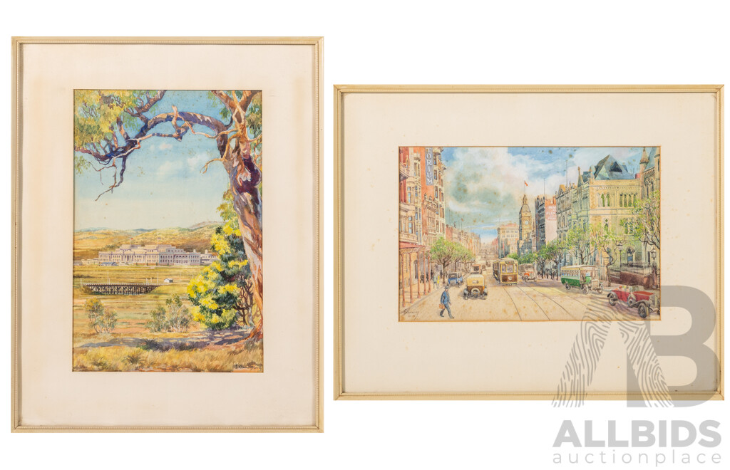 F.Kenwood Giles, (20th C., British, 1899-1972), Collins St Melbourne (1921) & Parliament House, Canberra (1933), Truly Wonderful Pair of Antique Original Watercolours, 44 x 35 cm (frame Canberra) (2)
