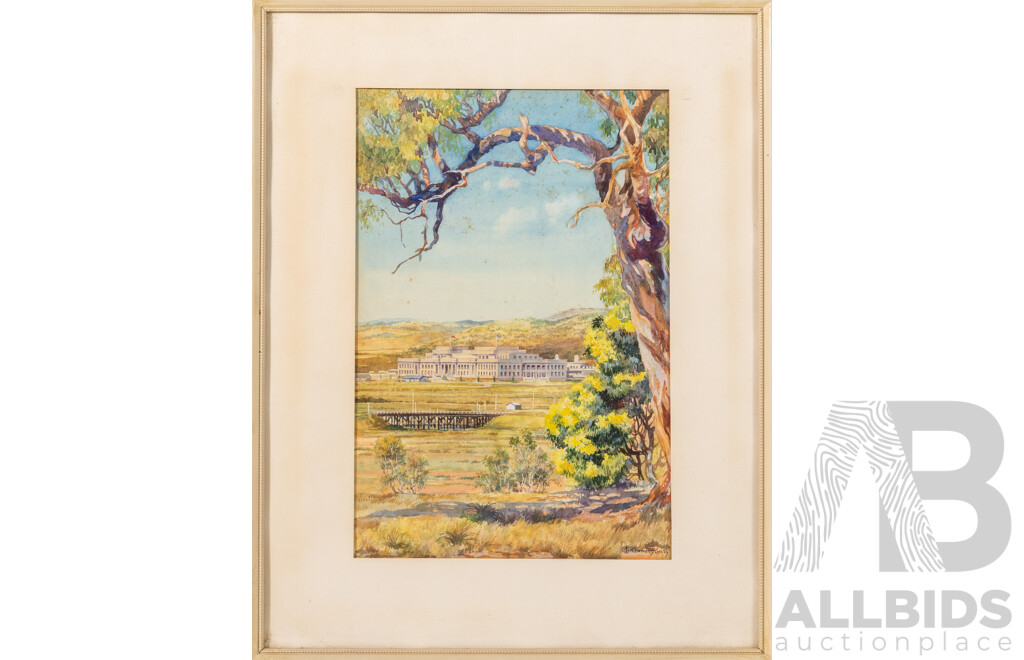 F.Kenwood Giles, (20th C., British, 1899-1972), Collins St Melbourne (1921) & Parliament House, Canberra (1933), Truly Wonderful Pair of Antique Original Watercolours, 44 x 35 cm (frame Canberra) (2)